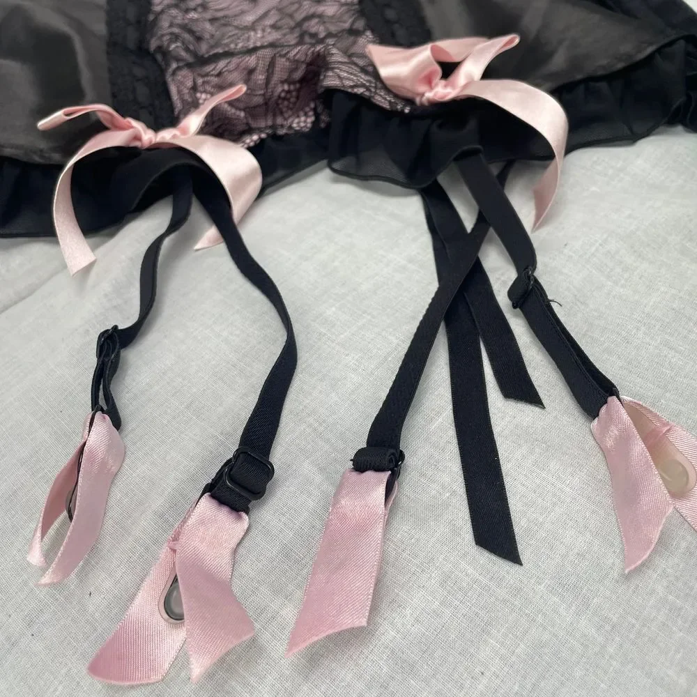 Vintage Y2K Baby Pink Black Lace Lolita Corset MD garter Fredrick's of Hollywood - Picture 10 of 13